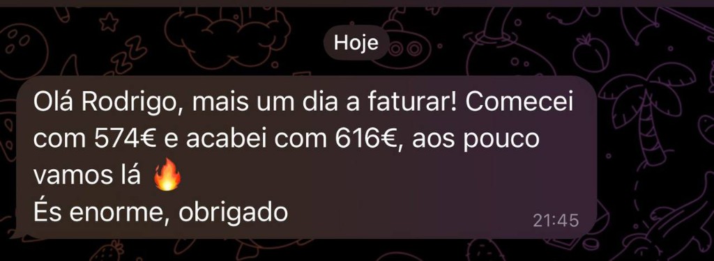 Mensagem de aluno a reportar lucro do dia no Telegram