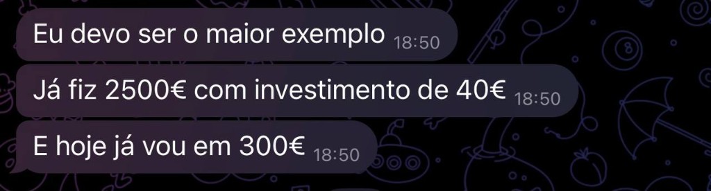 Mensagens de aluno a reportar 2500 euros de lucro